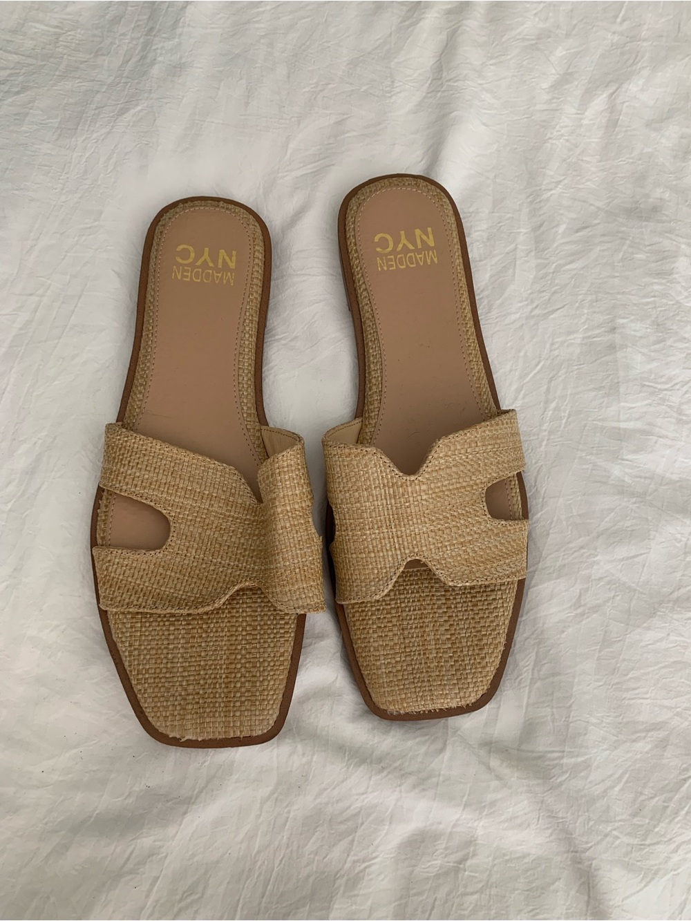 Madden NYC Womens Tan Woven Raffia H-Band Square Toe Slide Sandals Size 8.5